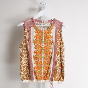 Tiny Anthropologie Floral Embroidered Top Bohemian Sleeveless Cream Orange M‎